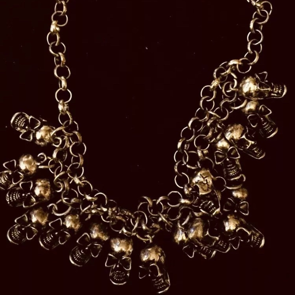 Skulls skulls Necklace 24” Goth Rock Detailed mini Skulls Goldtone metal NEW